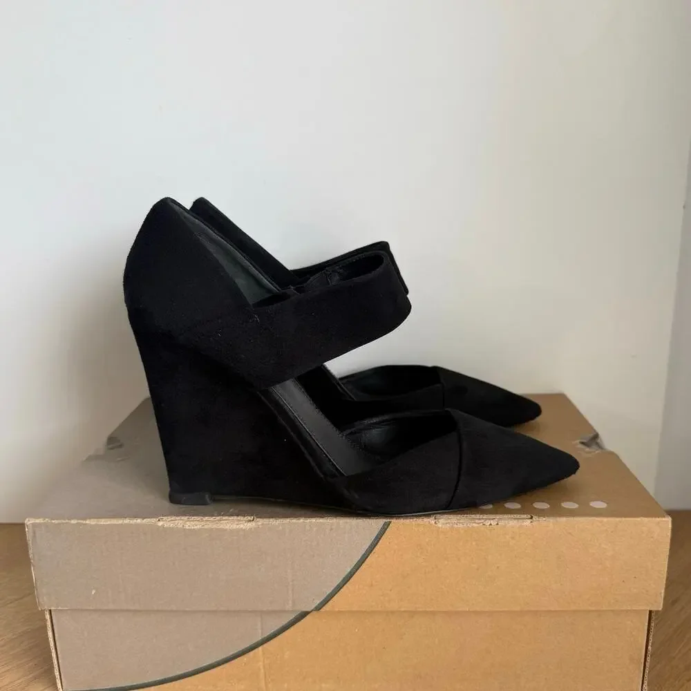 Tory Burch Saray Black Suede Pointed Toe Women Wedge Heel- SZ 10